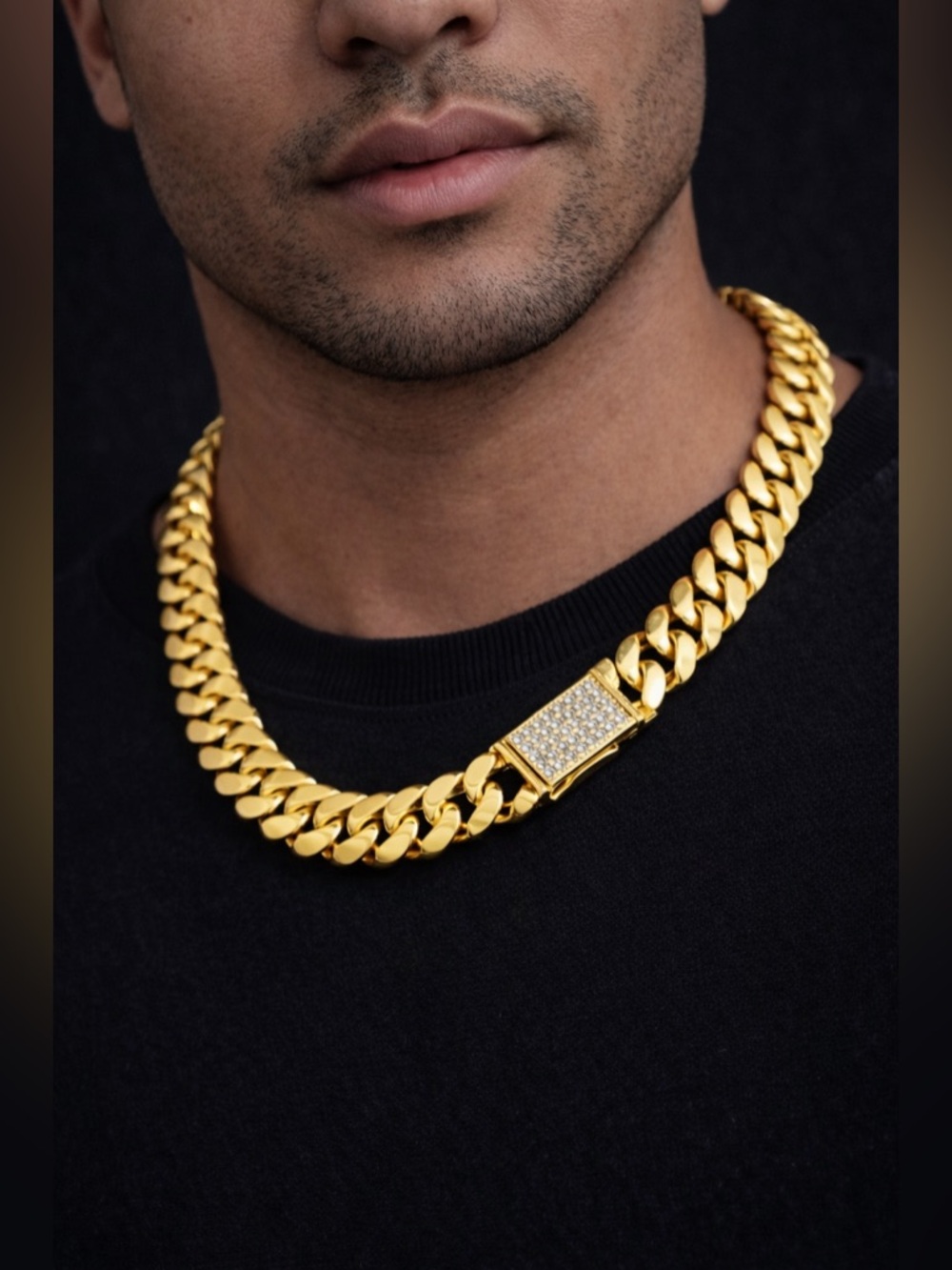 14K Gold-Plated Cuban Link Chain with Iced Box Clasp – 24” Length, 14mm Width